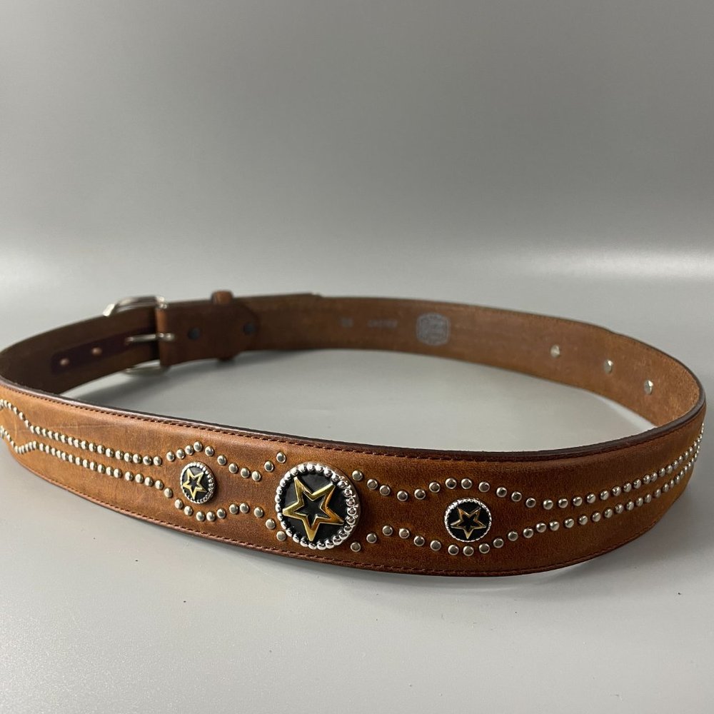 Tony Lama Brown Leather Silver-tone Studded Belt, Size 38 - Picture 4 of 13